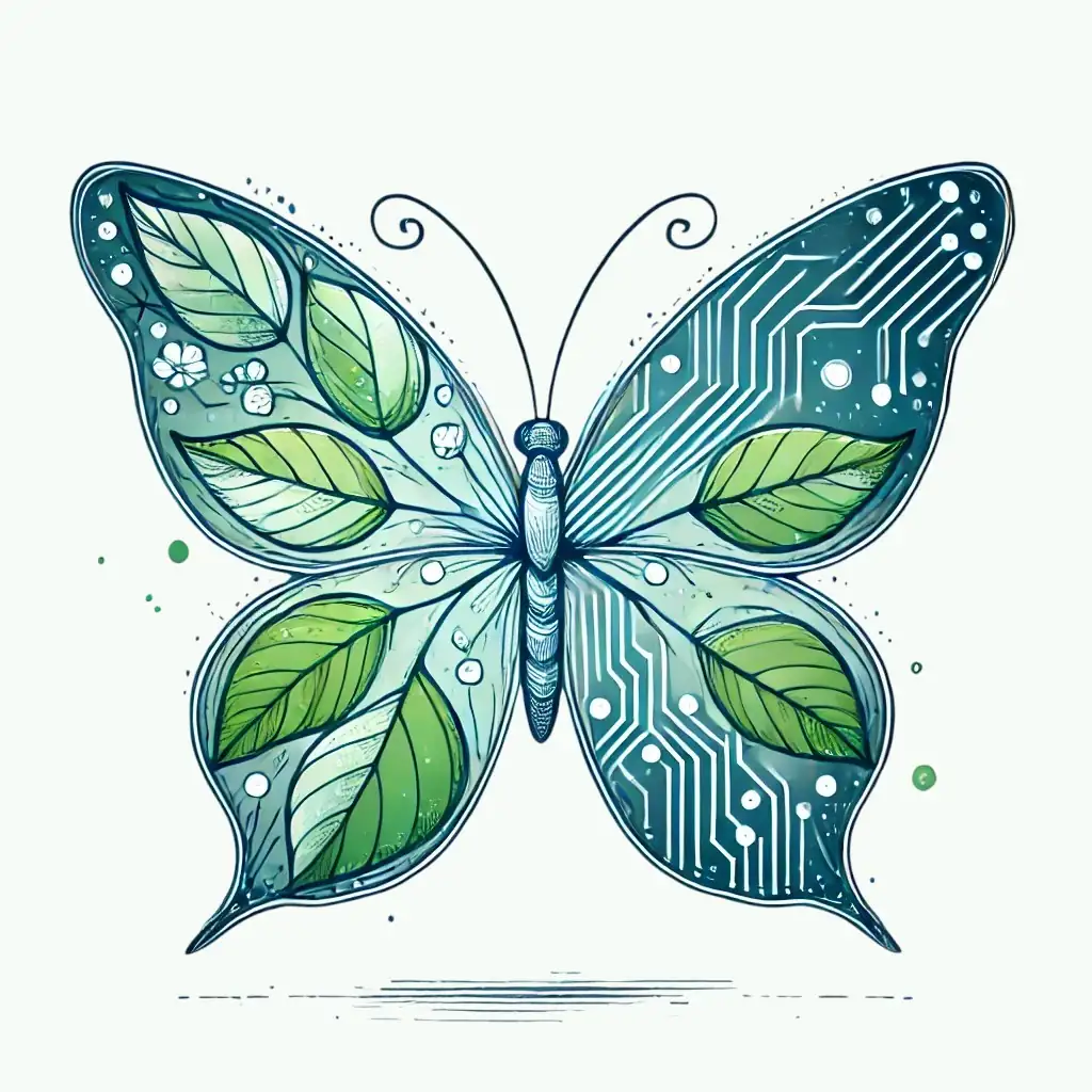 Stylized image of a butterfly incorporating circuitry and green leaves