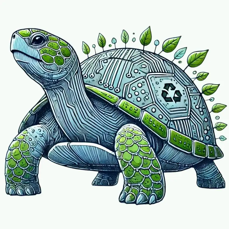 Stylized image of a turtle incorporating circuitry, leaves and the recycling logo