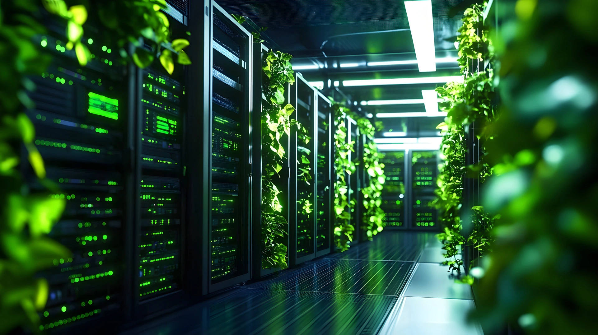 racks in a data center with green growth